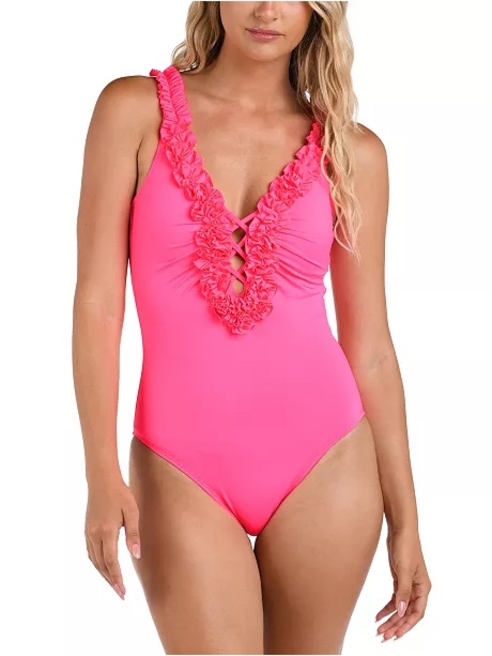 NWT La Blanca Island Goddess Ruffle Plunge One-Piece Swimsuit Size 10